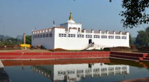 Peaceful gardens and monasteries in Lumbini, Nepal, the birthplace of Buddha, during sunset
